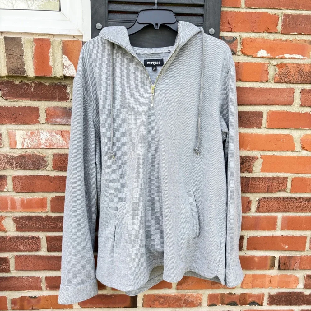 Express Mens‎ Quarter Zip Hoodie Grey Textured Pullover Sweater Large